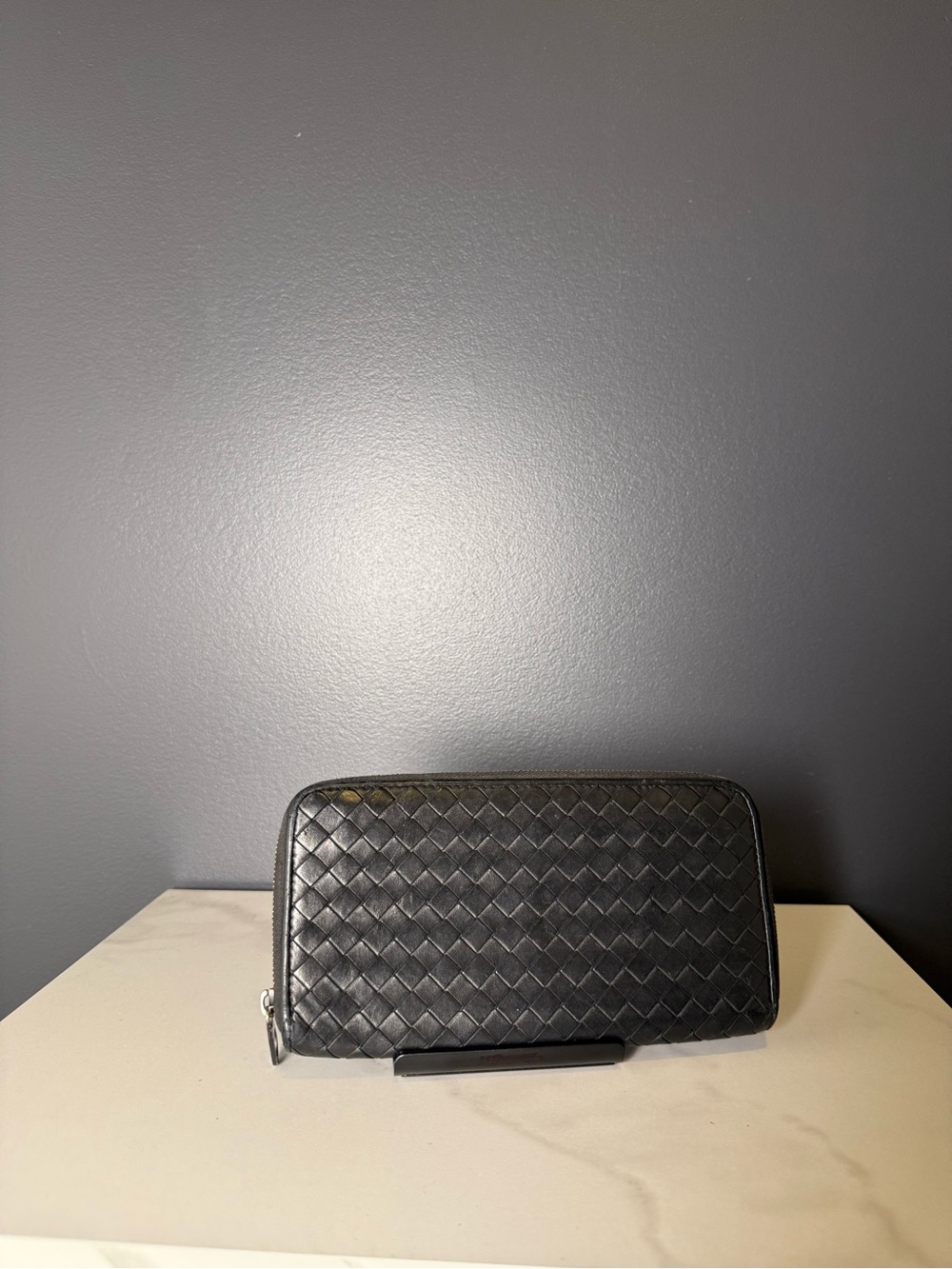 Bottega Veneta Black Intrecciato Zip Around Leather Wallet